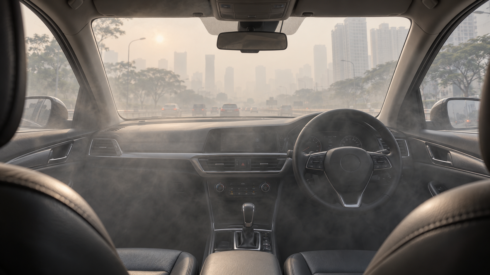 Car cabin filled with haze from outside air